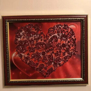 Handmade Beaded Embroidery Picture Art wall Decor Heart 12”x14.5” Valentines Day